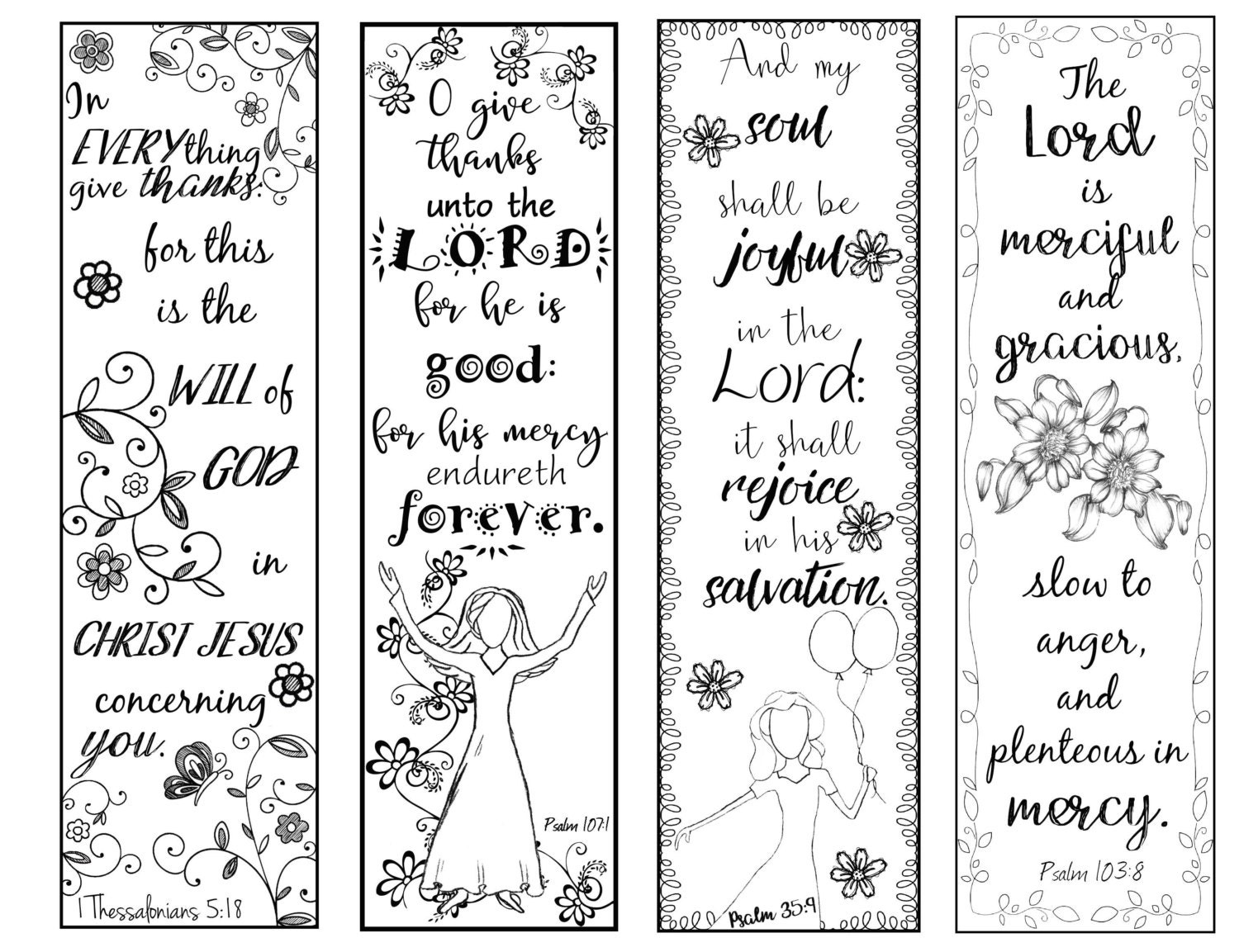 Bible verse bookmarks on thankfulness bw color your own print and cut instant download