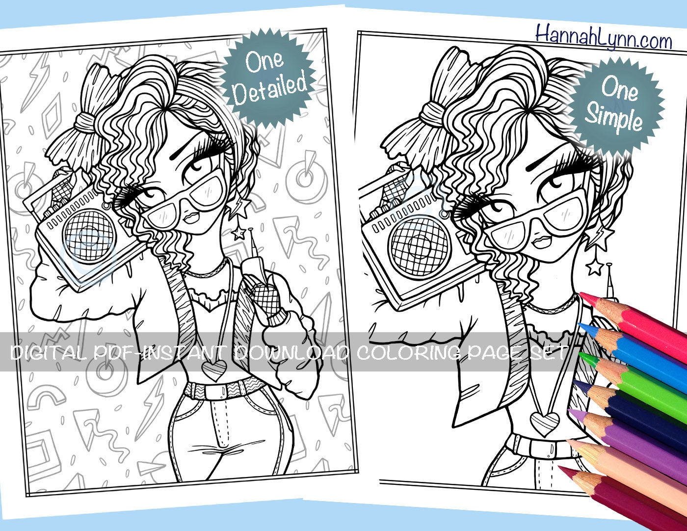 Boombox baby s music coloring page set cute big eye whimsy girls historical character line art pdf download printable hannah lynn