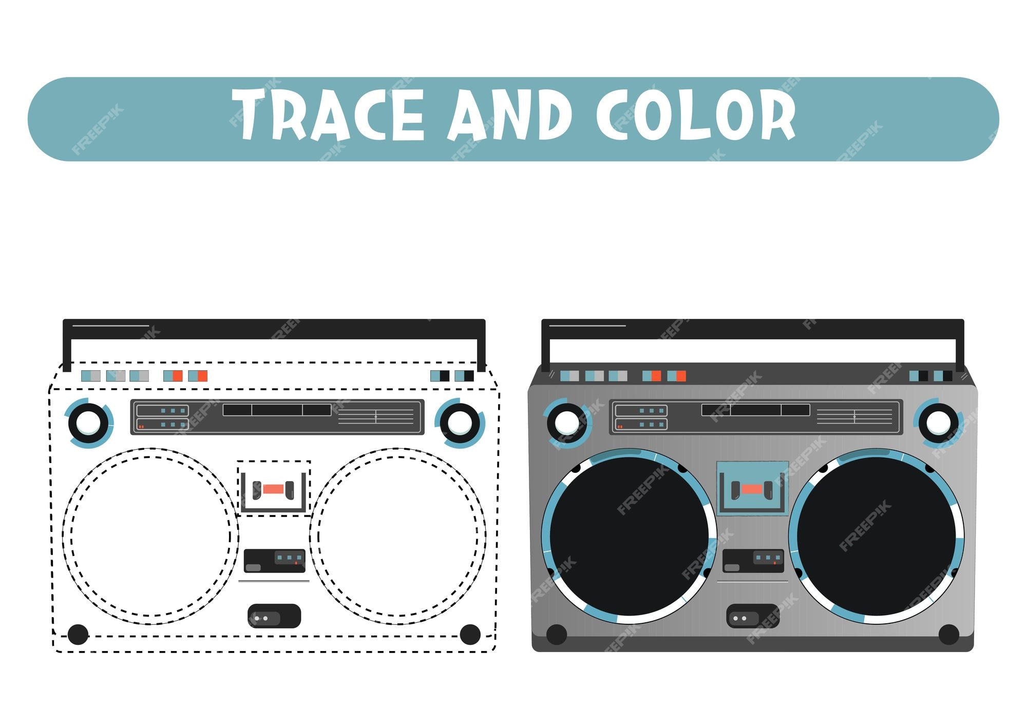 Premium vector trace and color retro boombox radio worksheet for kids