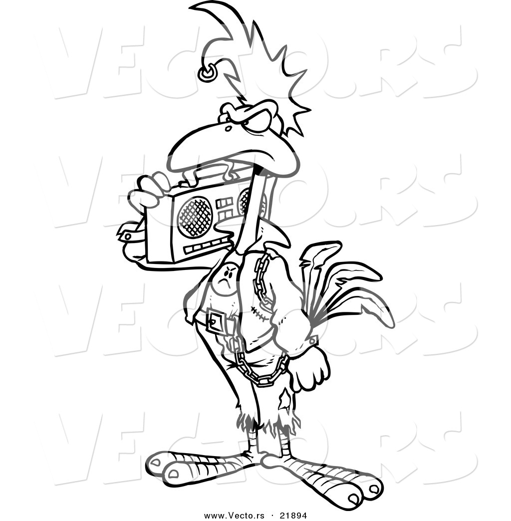 R of a cartoon punky rooster with a boom box