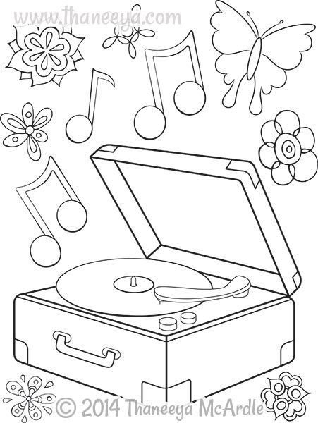 Hipster coloring book record player by thaneeya coloring books simple doodles music notes art