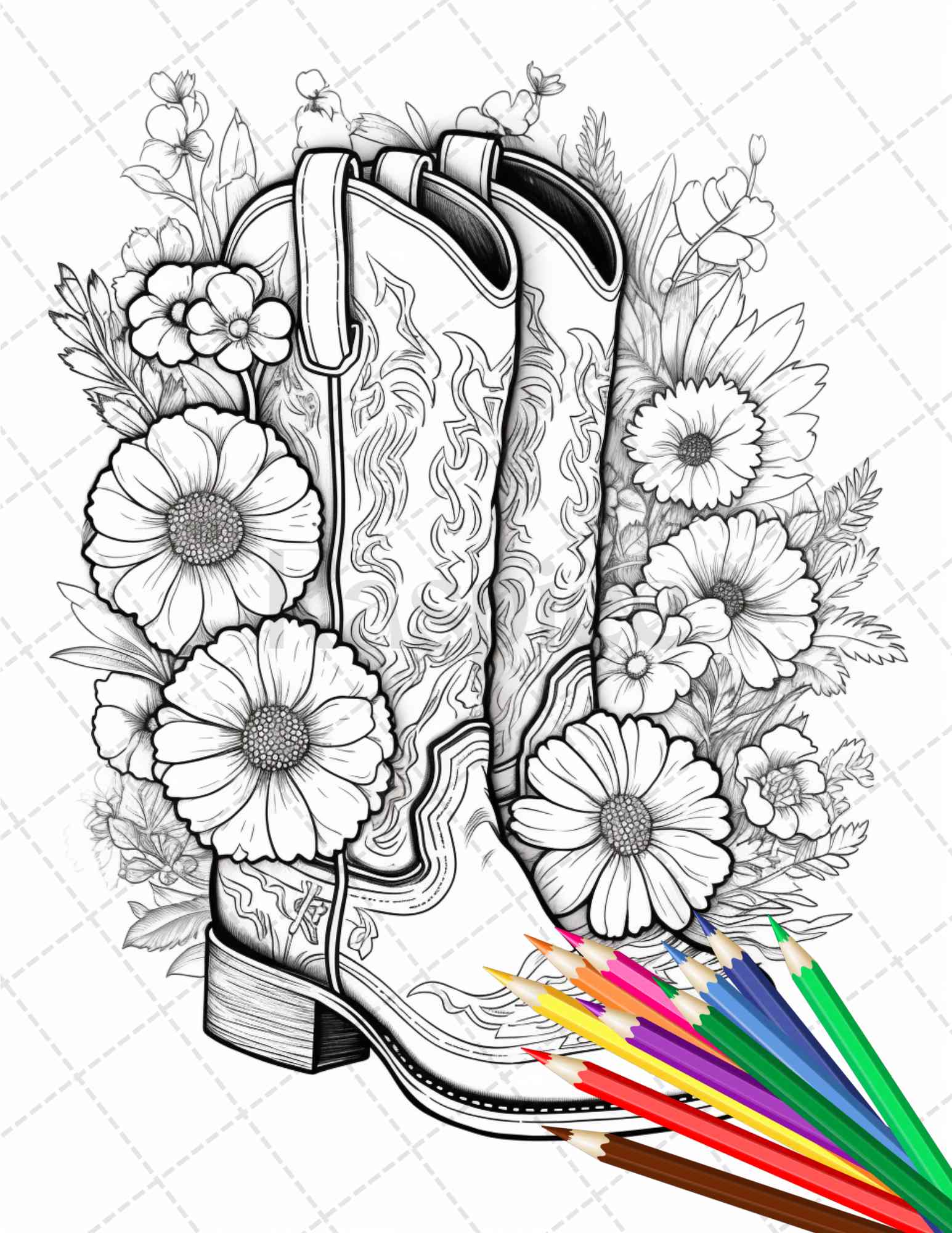 Flower boots coloring pages printable for adults floral grayscale â coloring