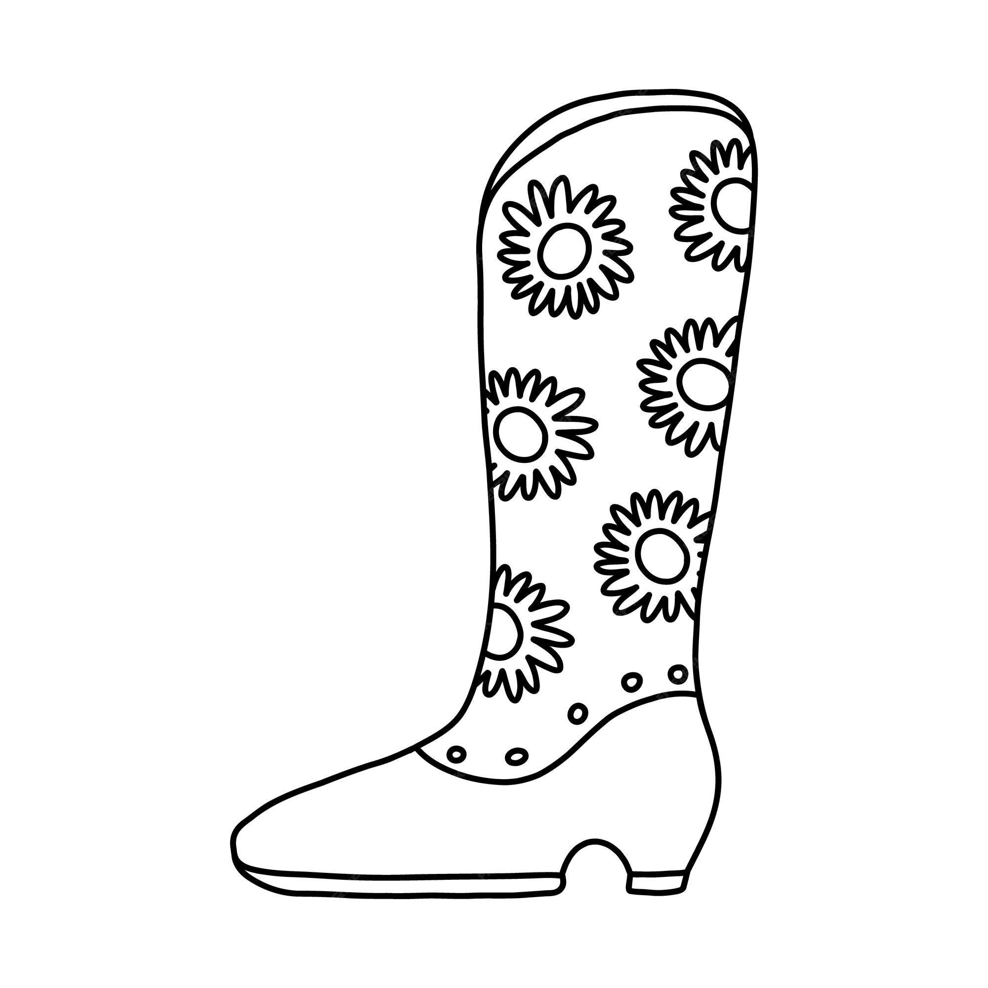 Premium vector hand drawn doodle with outline of retro cowgirl boots with sunflower pattern vector woman boots in cowboy western style simple shoes of wild west with flower ornament for cowboy