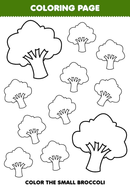 Premium vector education game for children coloring page big or small picture of cute cartoon broccoli vegetable line art printable worksheet