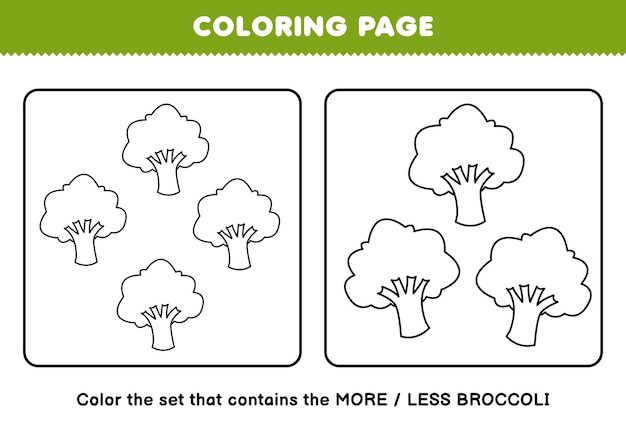 Premium vector education game for children coloring page more or less picture of cartoon broccoli vegetable line art set printable worksheet