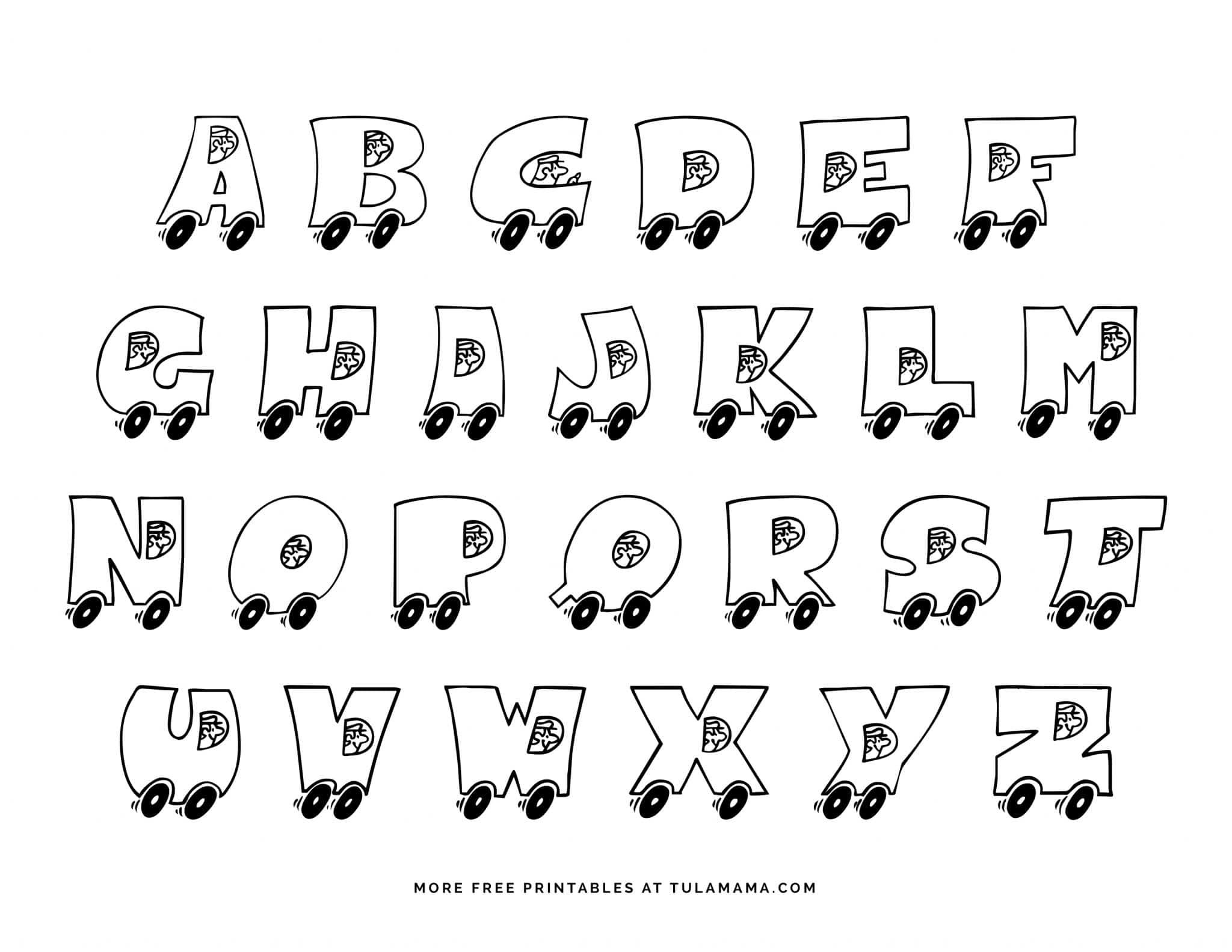 Fun and easy to print alphabet coloring pages on wheels