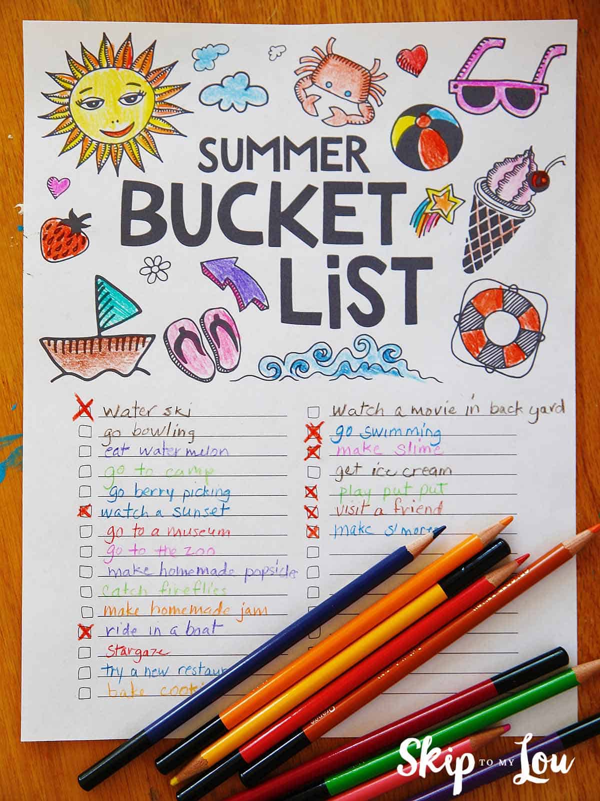 Free printable summer bucket list coloring page