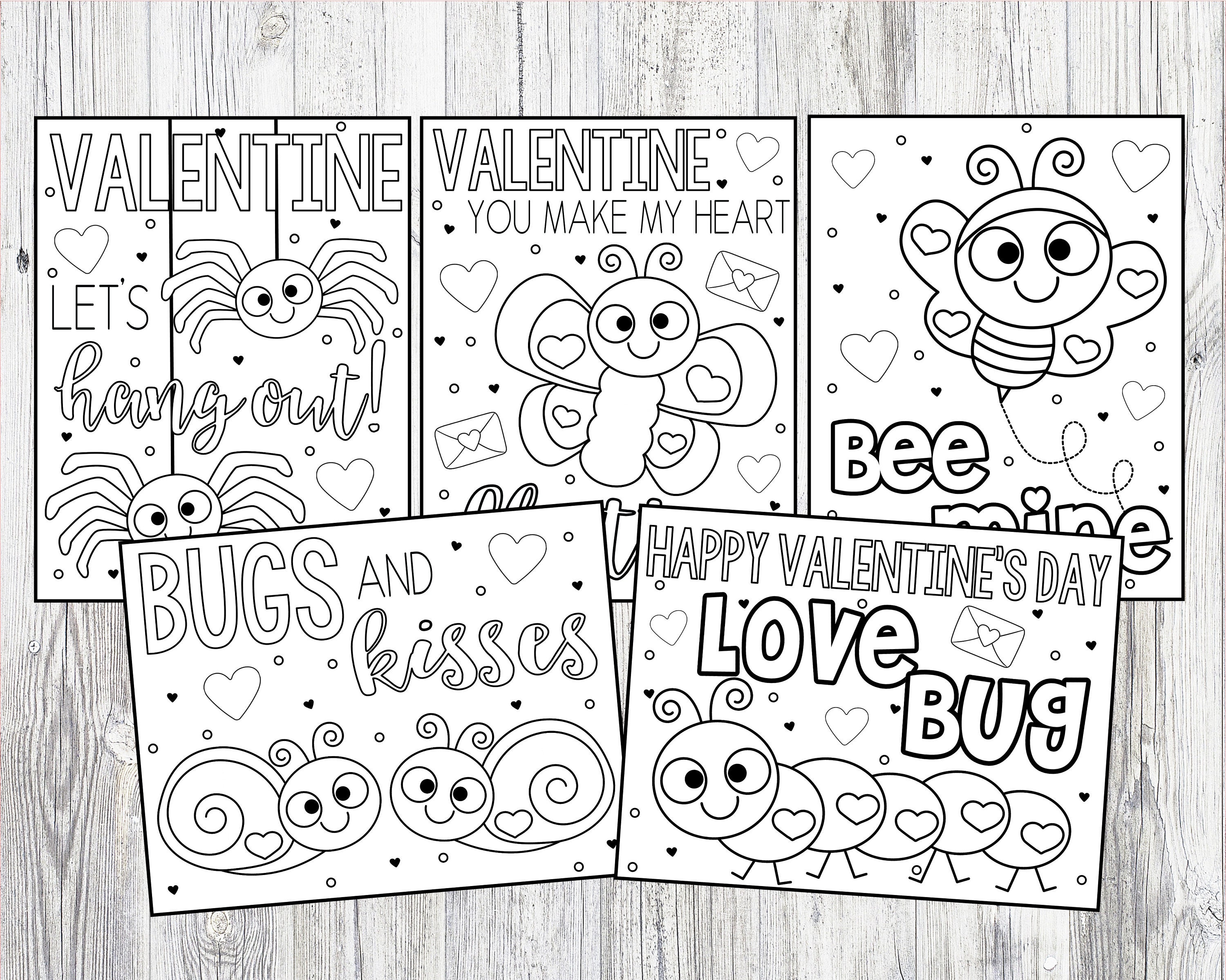 Printable love bug valentines day coloring pages for kids or adults butterfly bee mine spider bugs kisses instant digital download