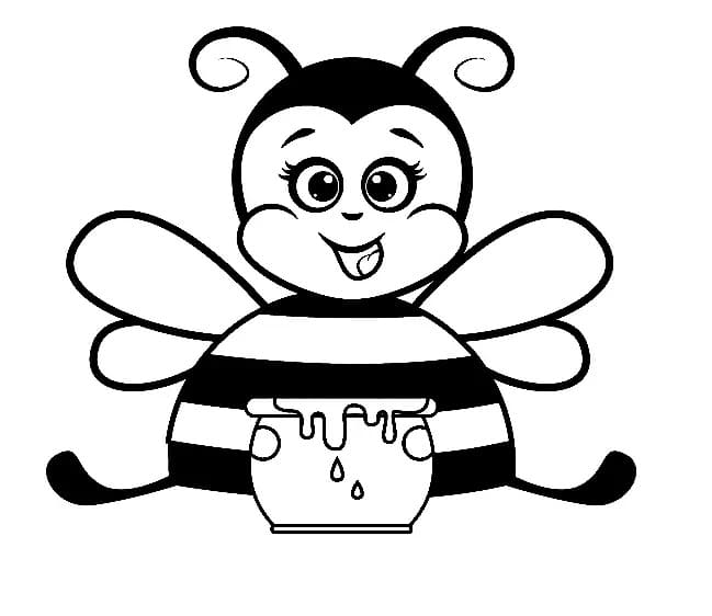 Cute bee with honey jar coloring page