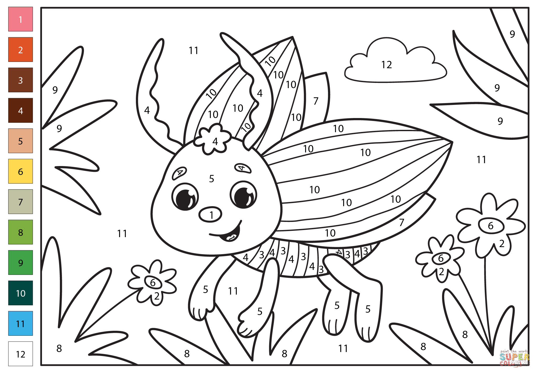 Bug color by number free printable coloring pages