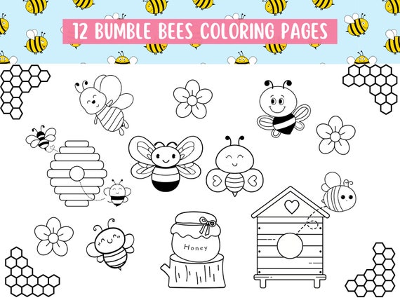 Bumble bees coloring pages spring color sheets cute printables kids coloring sheets easy color pages instant download