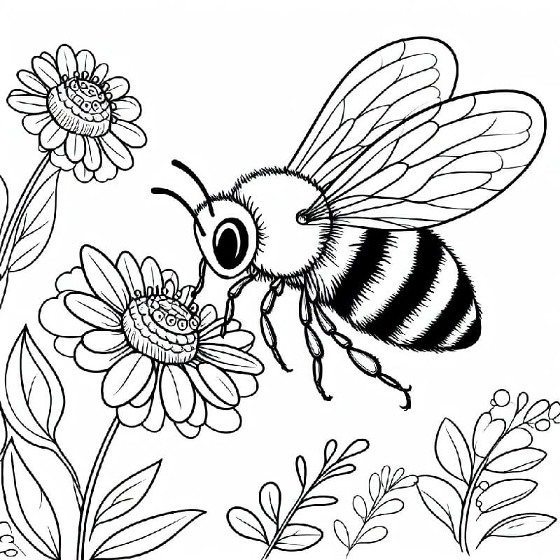 Bumble bee and flowers coloring page