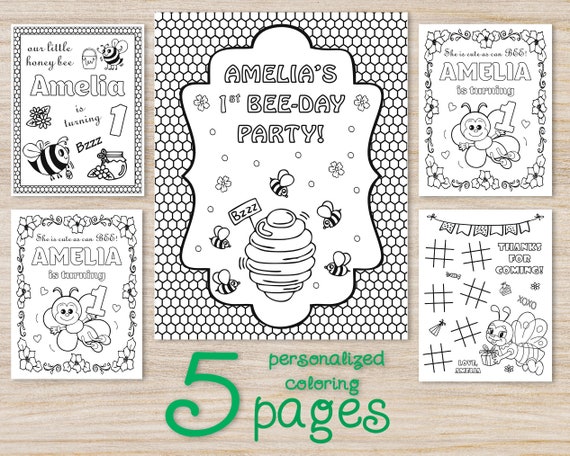Personalized bumble bee birthday party coloring pages honey bee decorations printable digital favors for kids