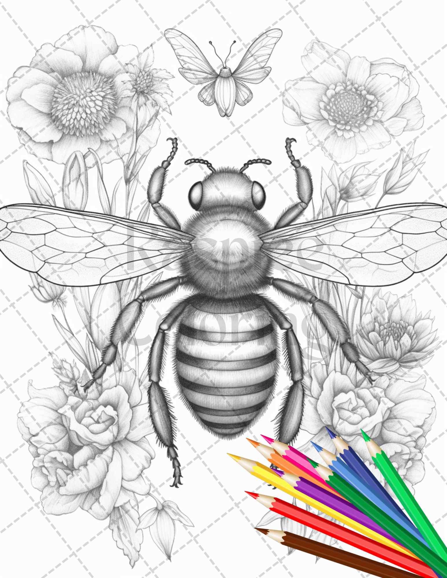 Vintage botanical bee grayscale coloring pages printable for adults â coloring