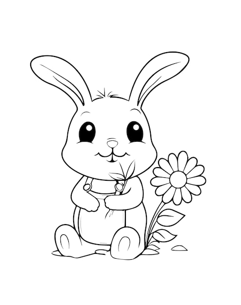 Premium vector printable cute rabbit coloring page outline big flower