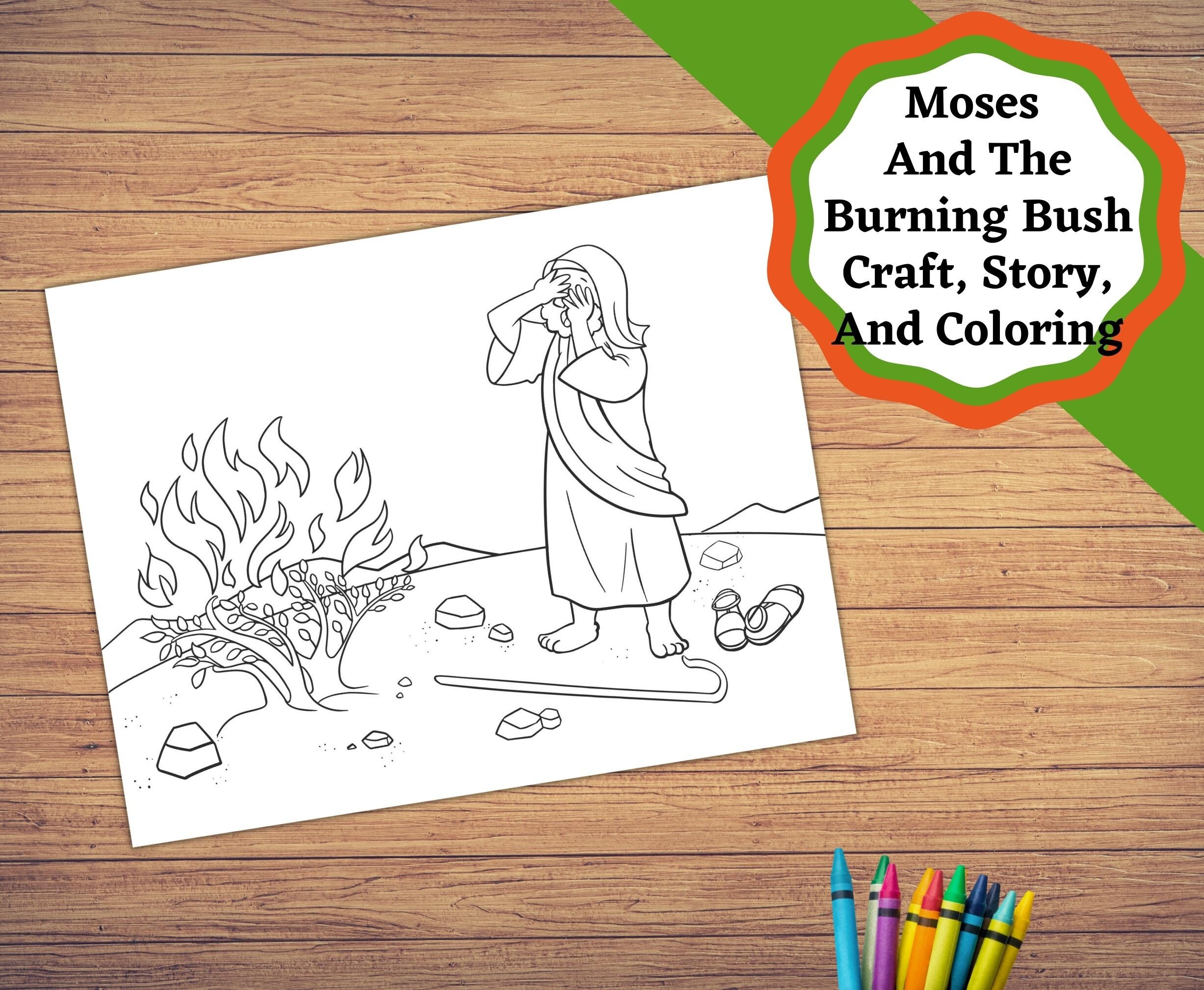 Moses and the burning bush printable set of craft and coloring pages instant download