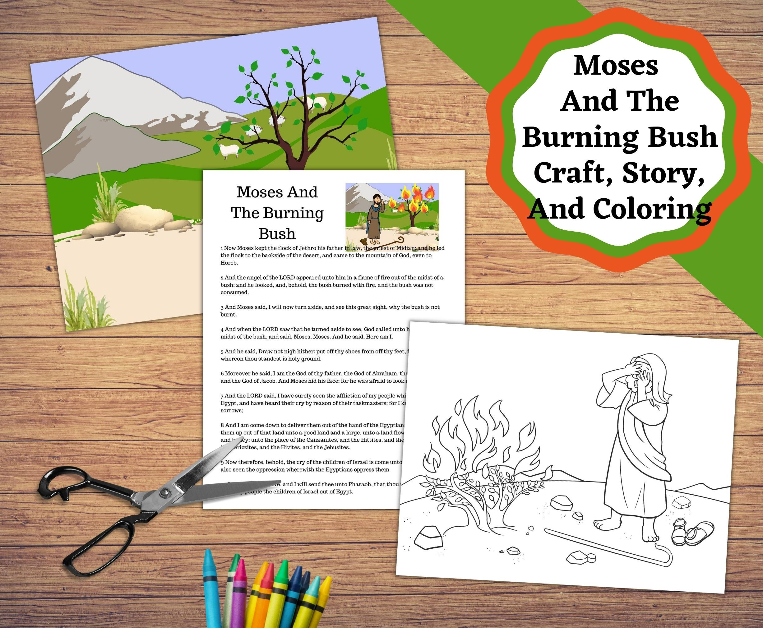 Moses and the burning bush printable set of craft and coloring pages instant download