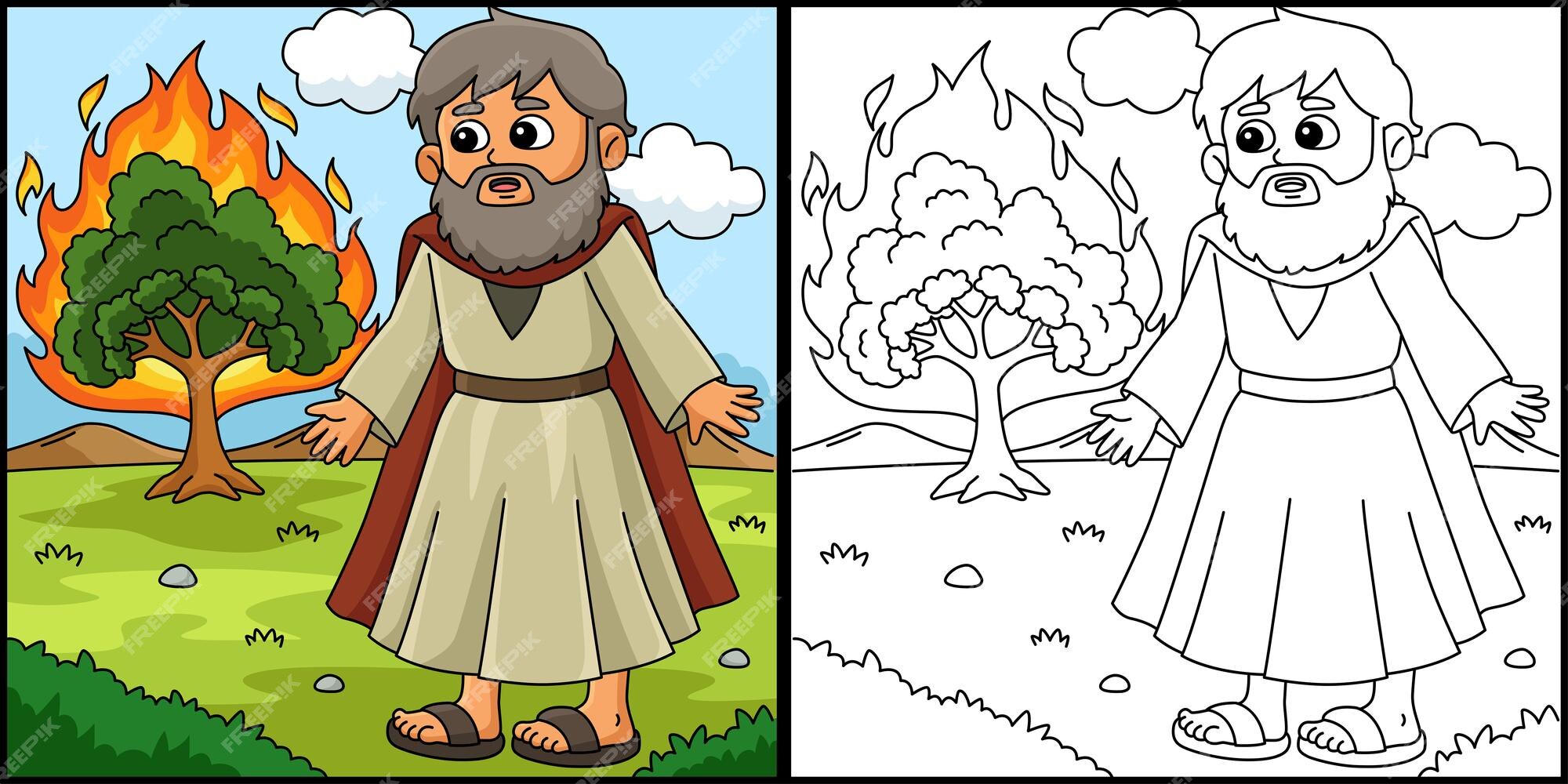 Premium vector this coloring page shows a moses and burning bush one side of this illustration is colored and serves as an inspiration for children