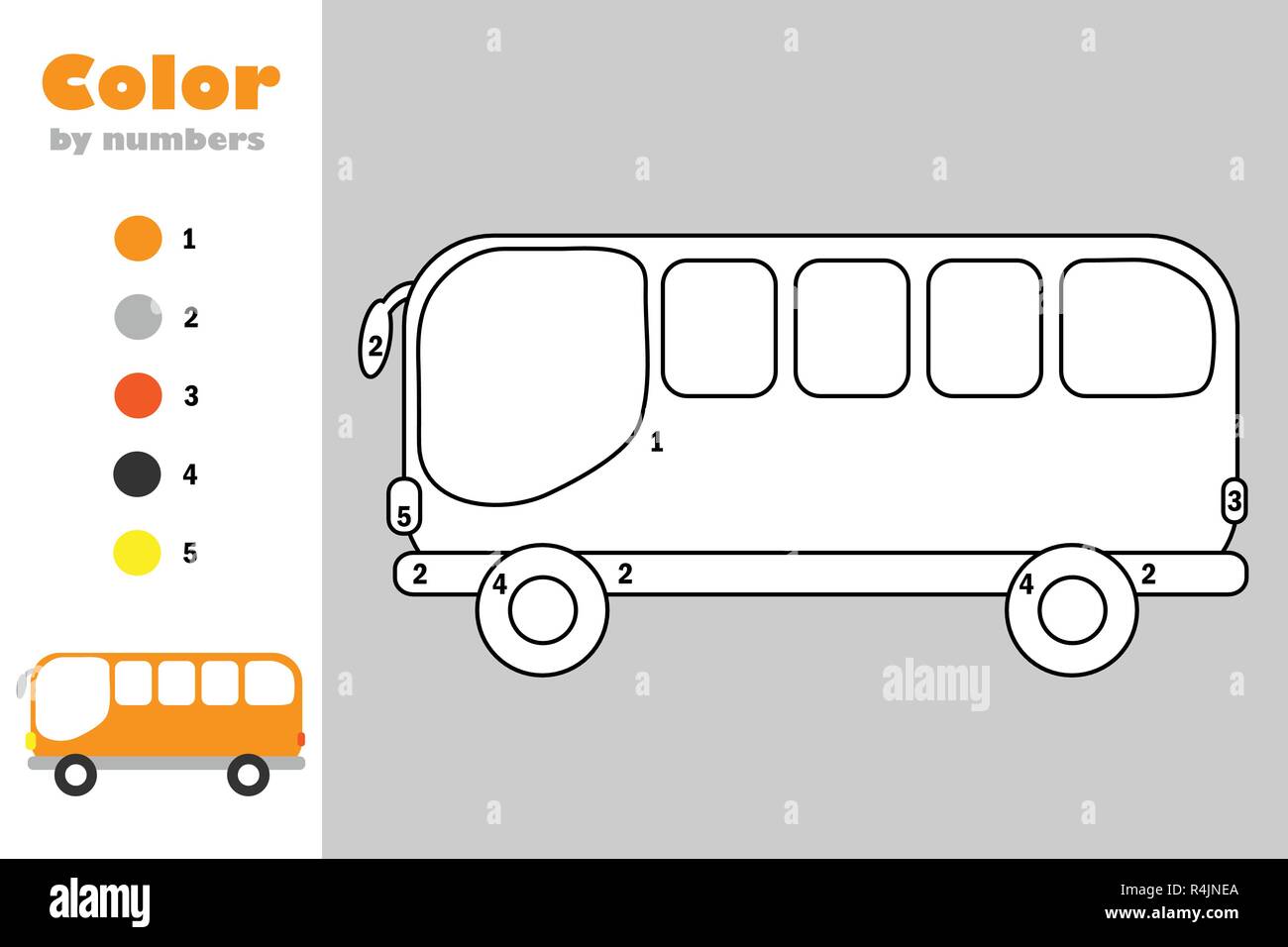 Bus in cartoon style color by number education paper game for the development of children coloring page kids preschool activity printable workshe stock vector image art