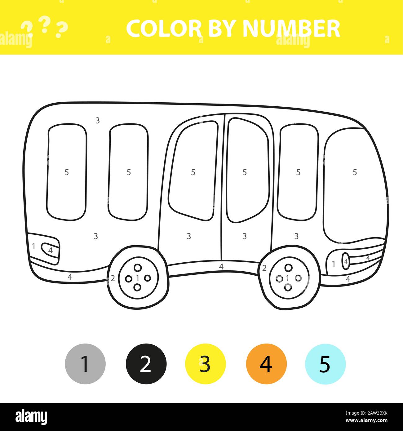 Bus in cartoon style color by number education paper game for the development of children coloring page kids preschool activity worksheet stock vector image art