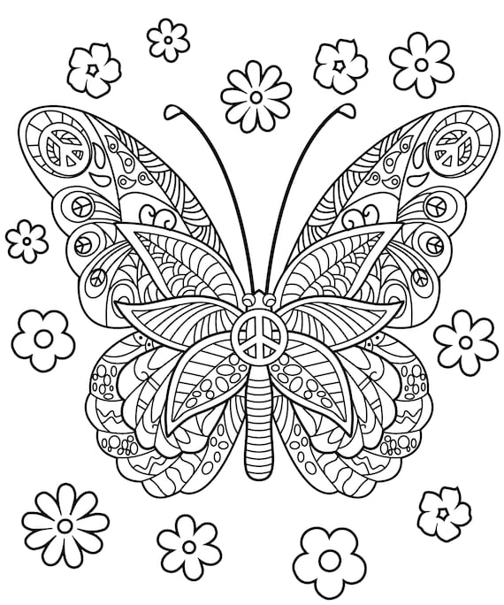Butterfly printable coloring page mandala pdf digital download adult kids coloring book