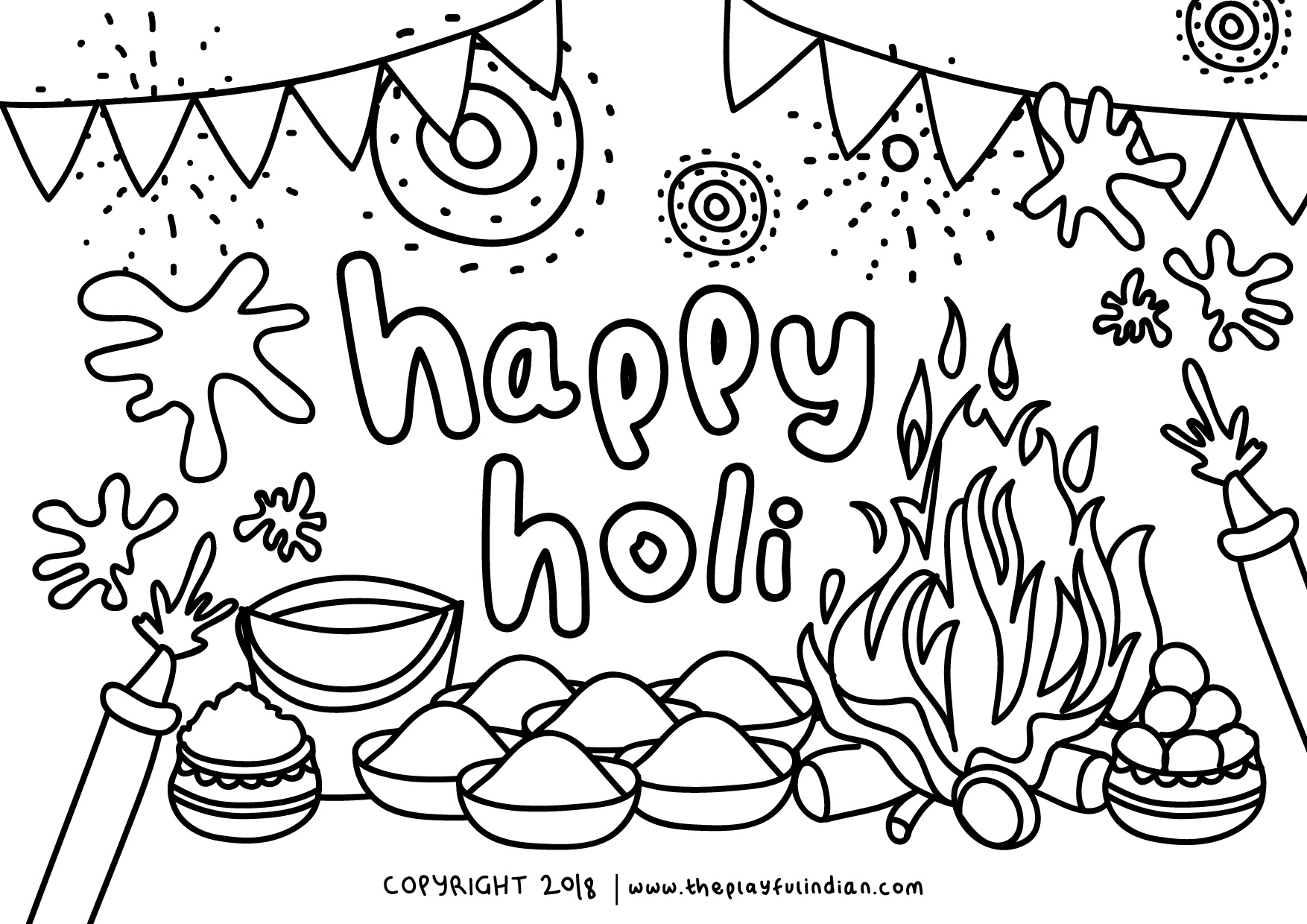 Free holi festival colouring pages to download for kids