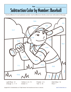 Subtraction color by number baseball kindergarten st grade math worksheets