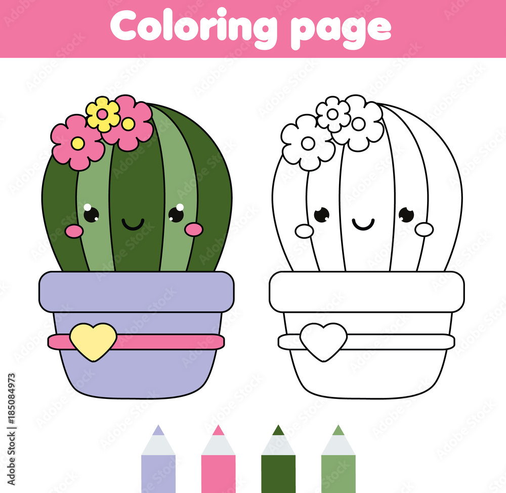 Coloring page with cute cactus drawing kids game printable activity vector