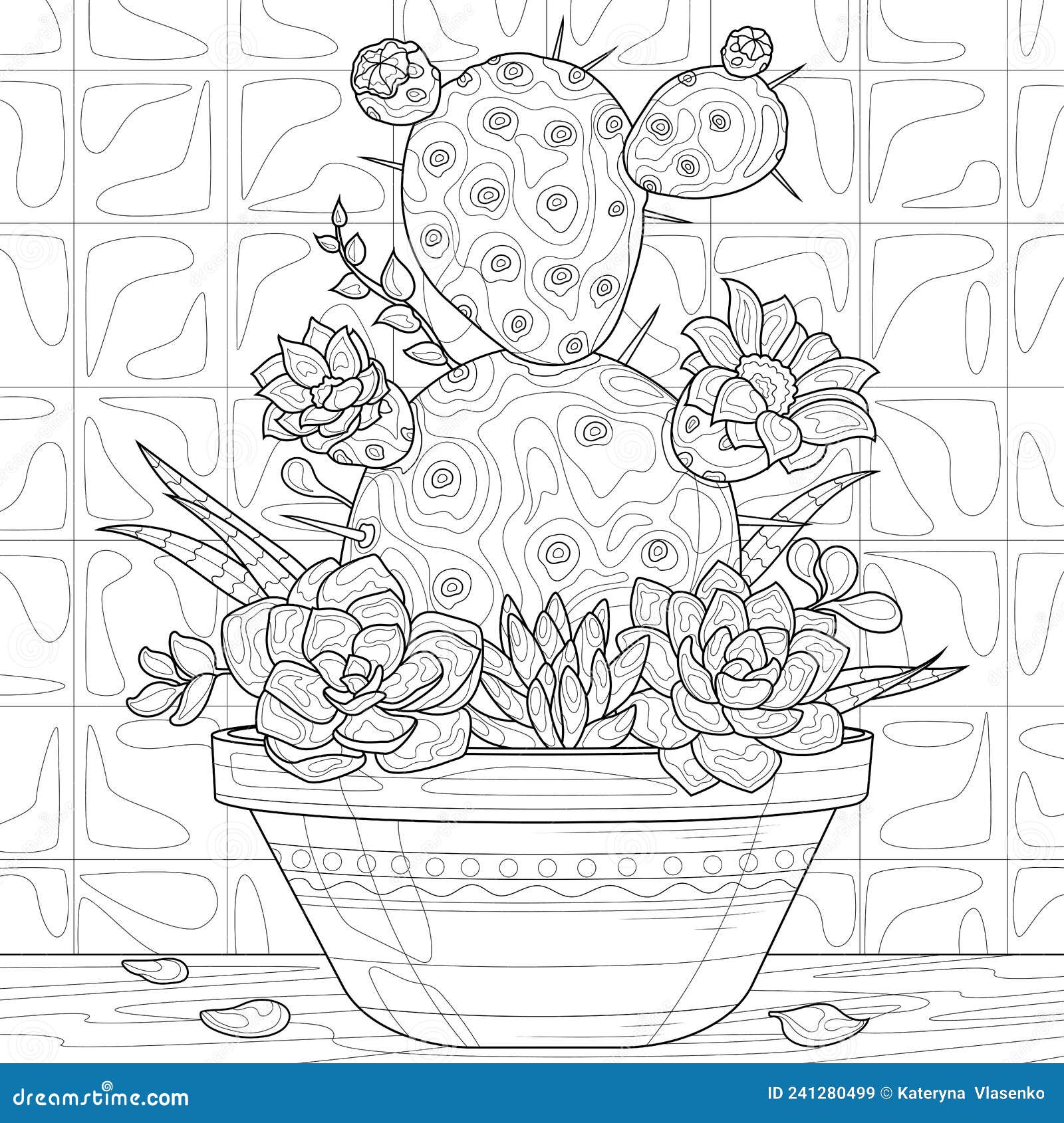 Cactus and succulents in a flowerpotcoloring book antistress for children and adults stock vector