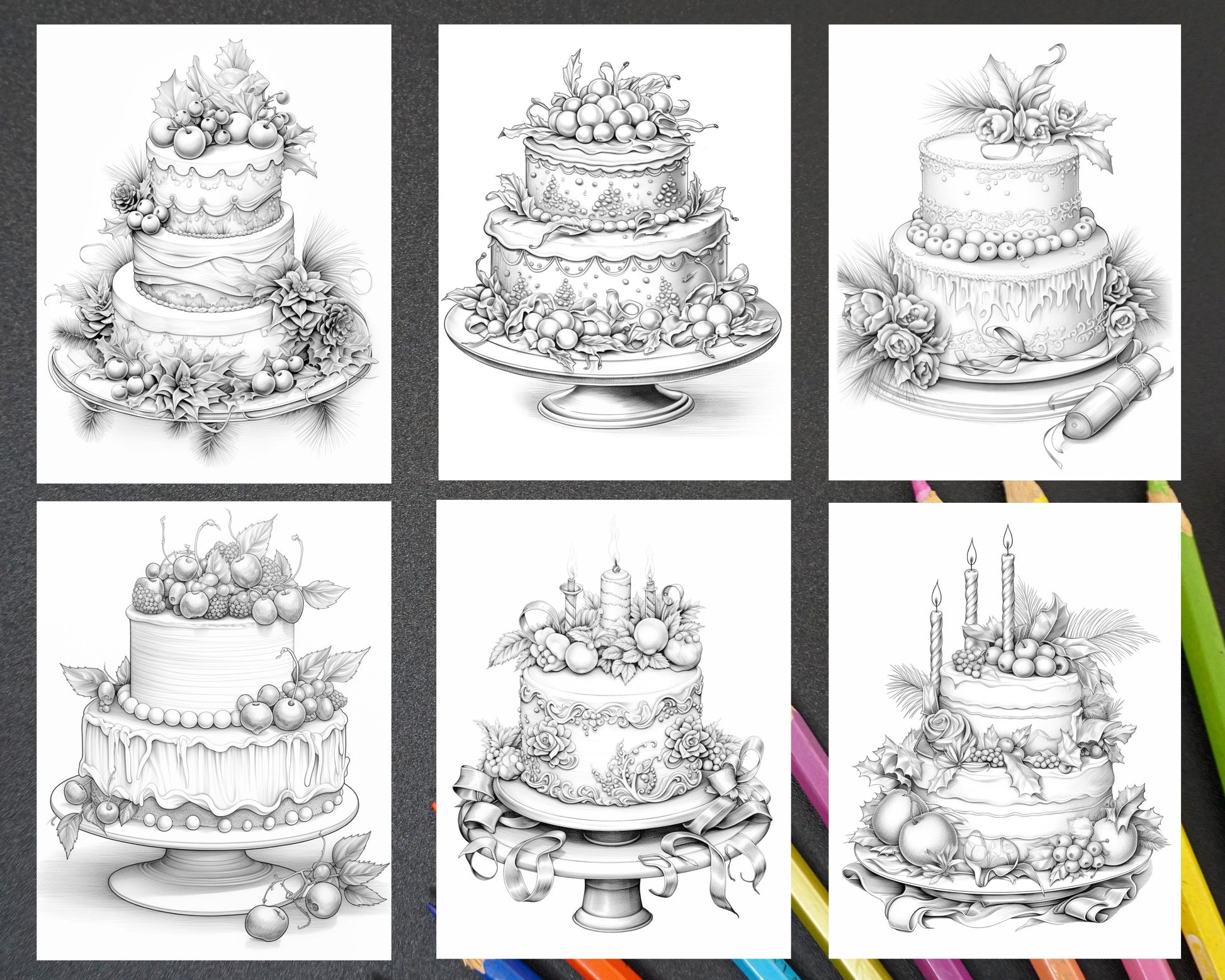 Christmas cakes grayscale coloring pages for adults printable pdf â coloring