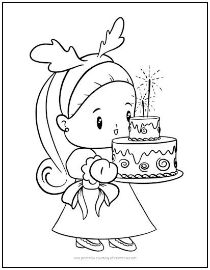 Little girl with birthday cake coloring page print it free