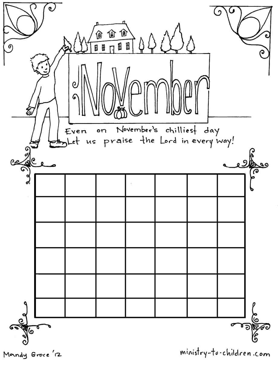 Coloring sheet calendar for november