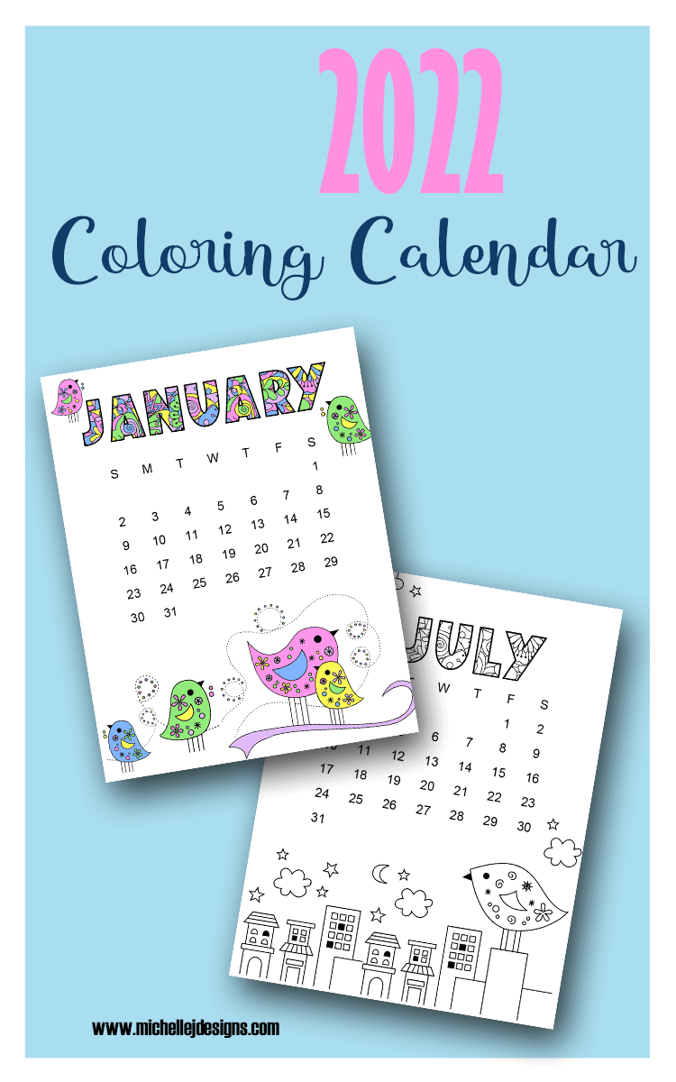 Whimsical birds coloring calendar