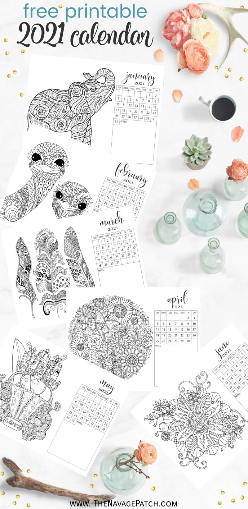 Free printable adult coloring calendars for