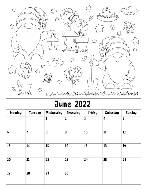 Premium vector vertical calendar for with a cute character coloring page for kids week starts on monday isolated vector illustration cartoon style