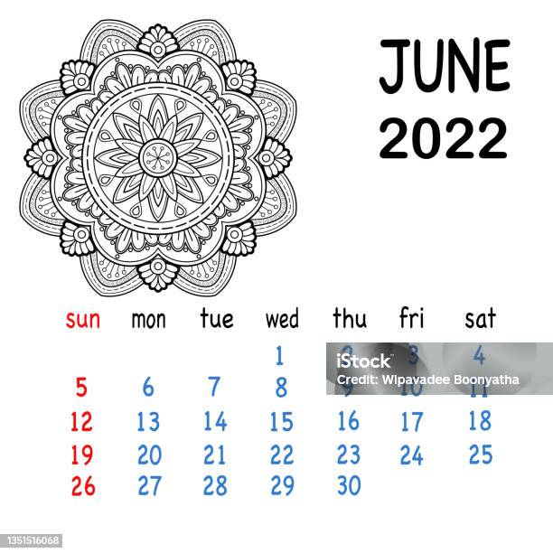 June monthly calendar in design with mandala for the year calendar mandala coloring template with hand drawn mandala design stock illustration