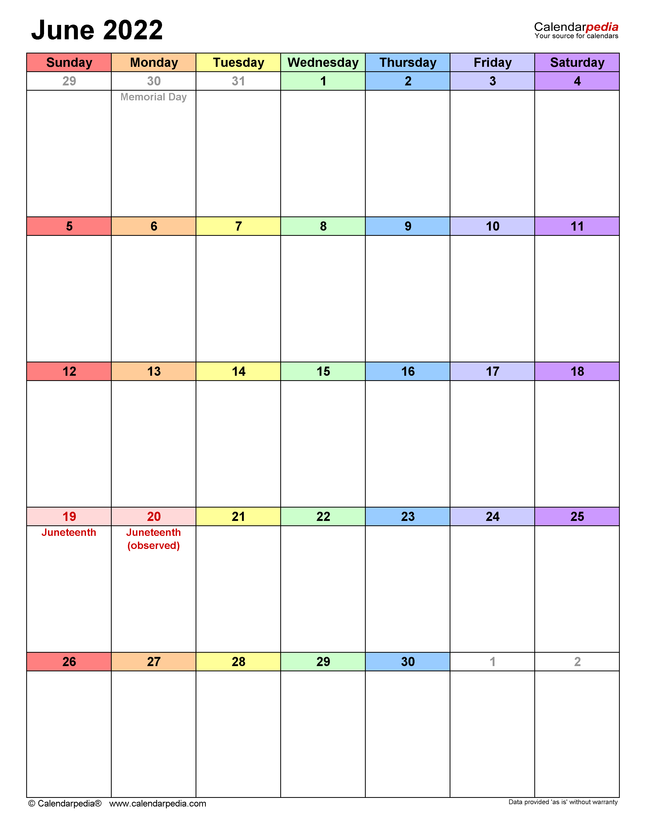 June calendar templates for word excel and pdf