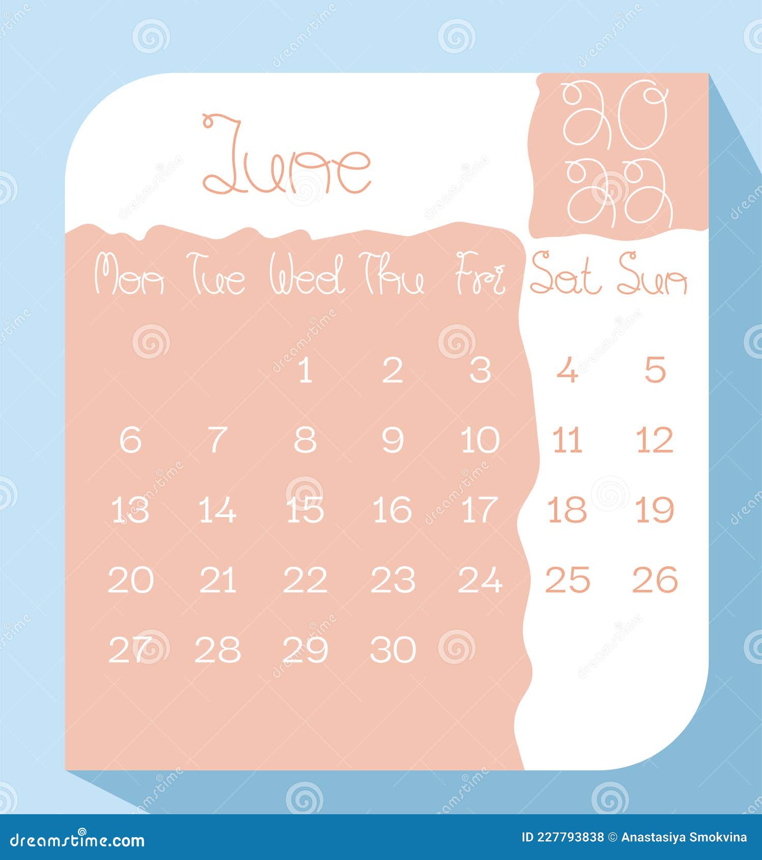 June calendar planner in pastel color with handwritten letters week starts on monday template mock up calendar leaf