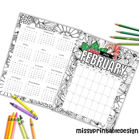 Printable floral coloring calendar printable calendar instant digital download diy printable coloring page instant download