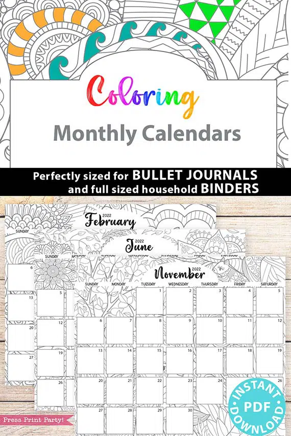 Monthly printable calendars adult coloring