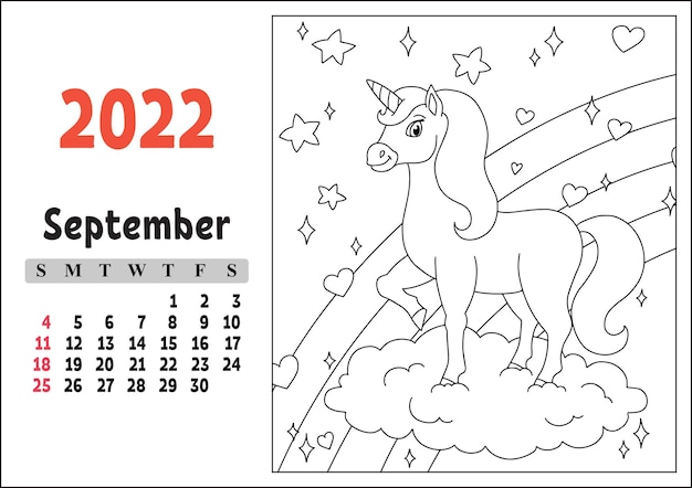 Premium vector calendar for with a cute character fairy unicorn coloring page