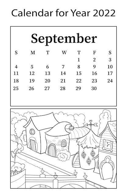 Premium vector calendar for month of september vector coloring book children houses for gnomes city street