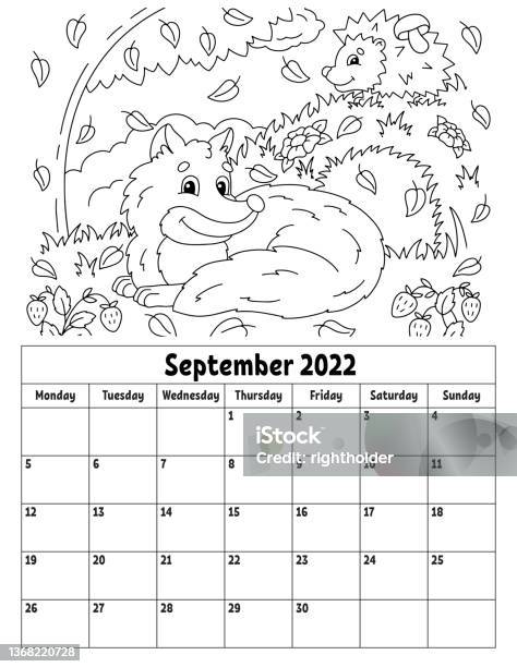 Vertical calendar for with a cute character coloring page for kids week starts on monday isolated vector illustration cartoon style stock illustration