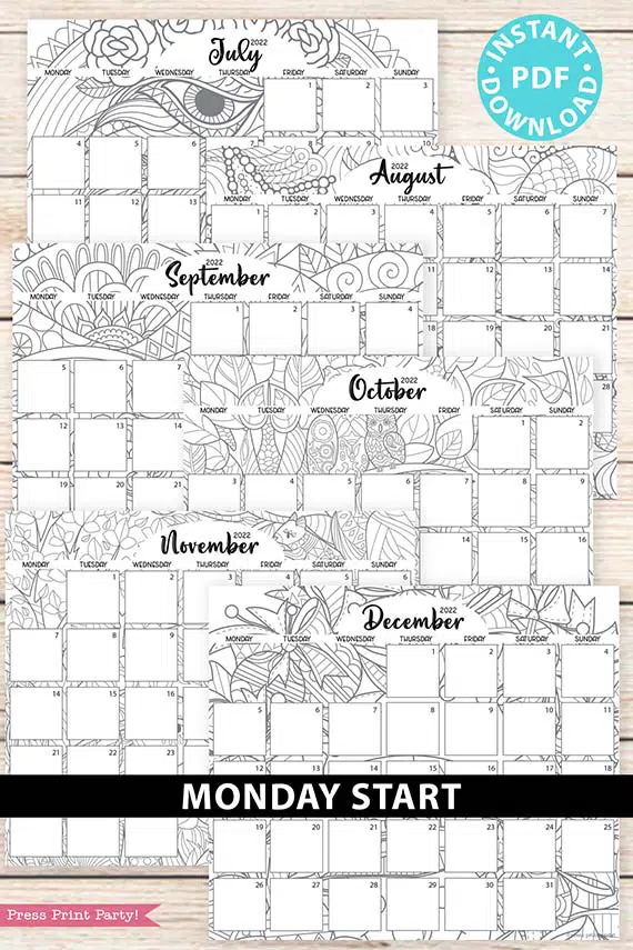 Monday start monthly printable calendars adult coloring