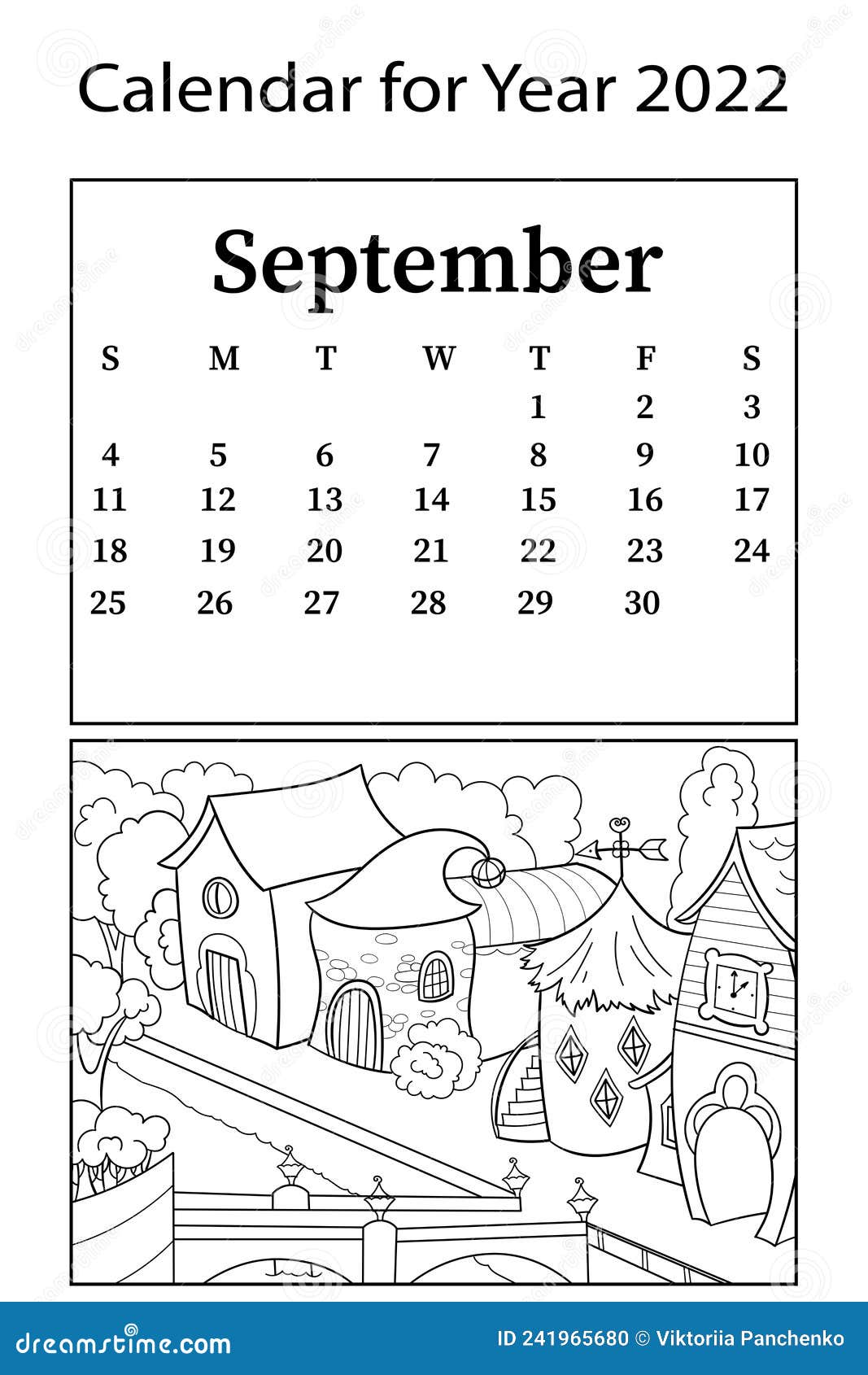 Calendar for month of september raster coloring book children houses for gnomes city street stock illustration