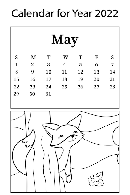 Premium vector calendar for month of may vector coloring book the fox peeks out from behind a tree