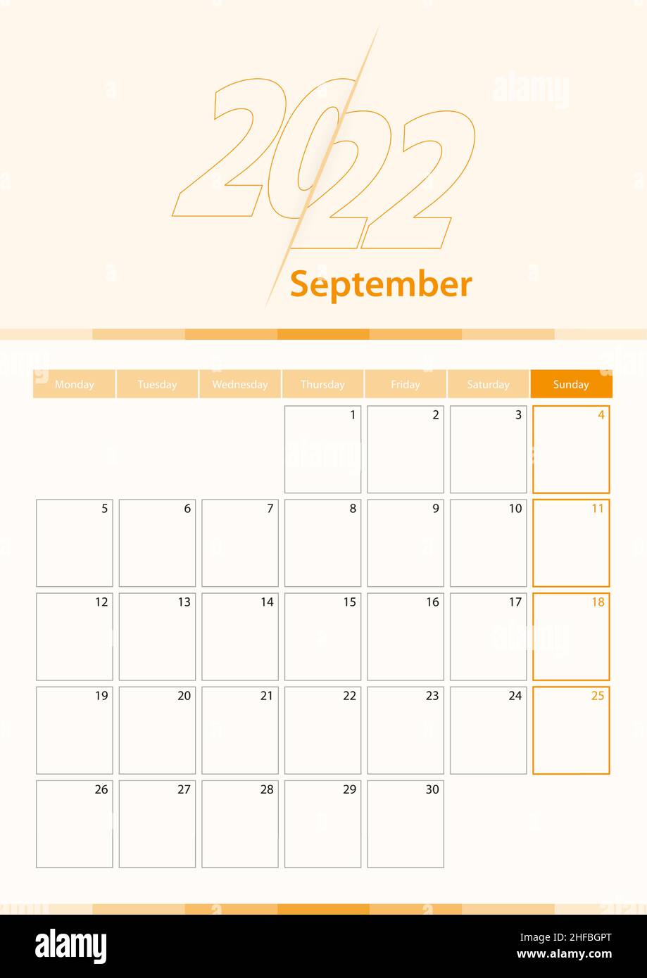 Modern vector vertical calendar sheet for september planner in english calendar in orange color stock vector image art