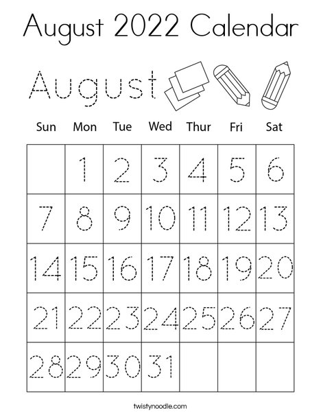 August calendar coloring page