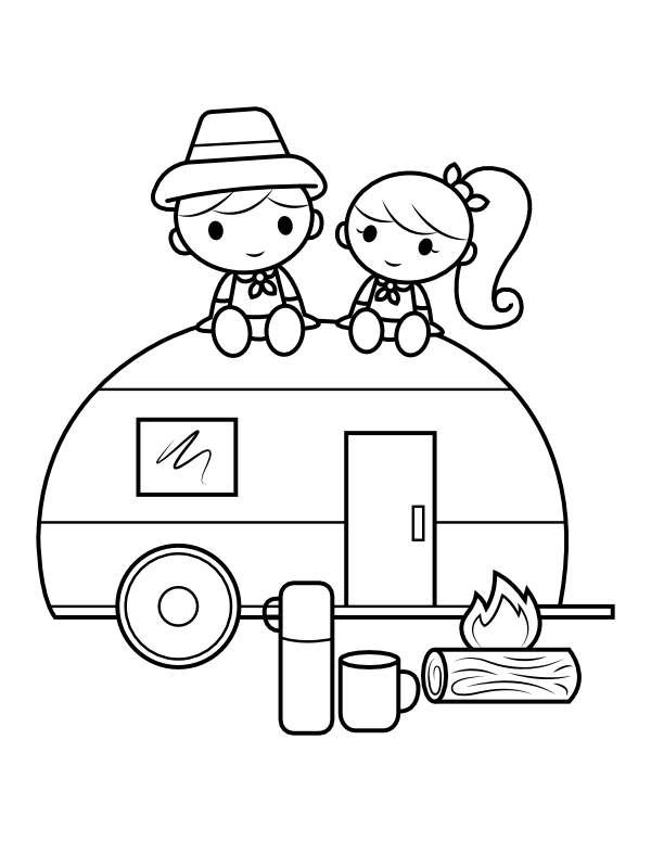 Printable kids and camper trailer coloring page