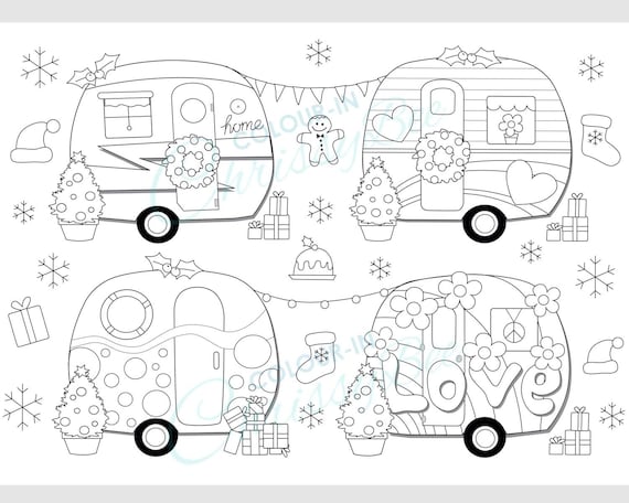 Christmas campers coloring pages page pack christmas camper caravan rv happy camper printable adult coloring page